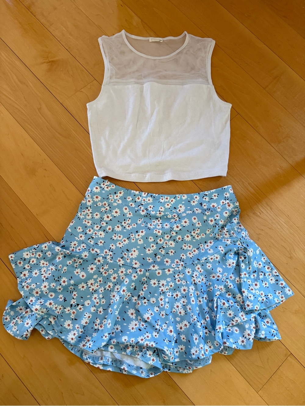 Garage White Mesh Crop Top & Blue Floral Ruffle Skirt Set